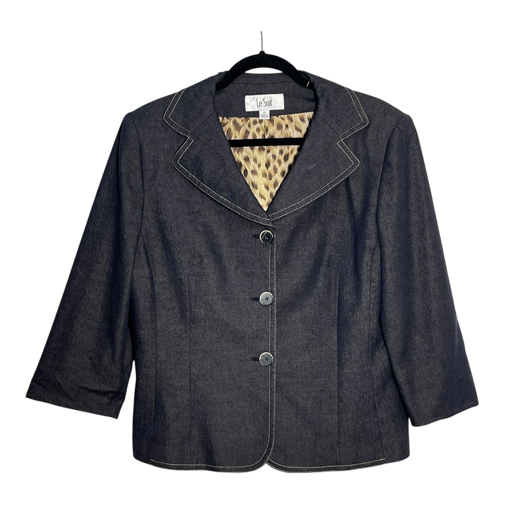 Le Suit Womens Dark Wash Denim Blazer Jacket Leopard Lining Contrast Stitch 14 - Picture 8 of 8